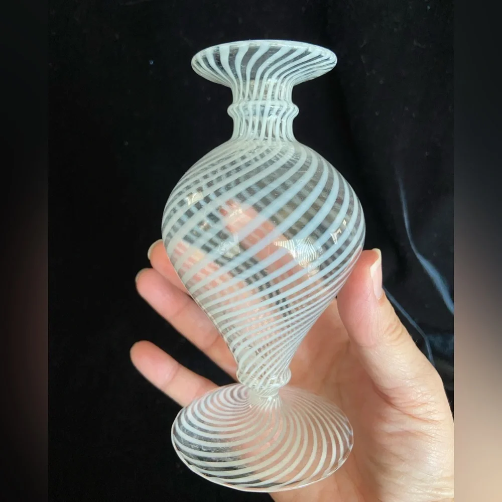 Delicate Art Glass Hand Blown Venetian Vase White Swirl
